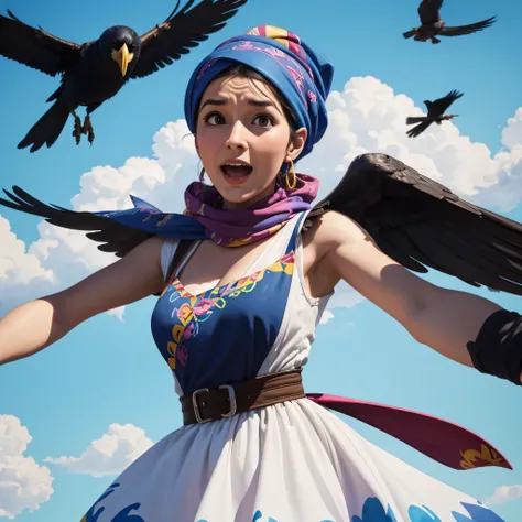 Comedic village woman wearing a colorful headscarf. Looking up and flapping her arms vigorously and fending off a large crow flying low over her. Close-up. Very dynamic scene. Photorealistic, cinematographic. Disney Pixar cartoon style. Watercolor paints. ...