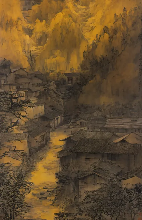 small village overlooking the creek, the style is influenced by ancient chinese art, light yellow and light black, chinese paint...