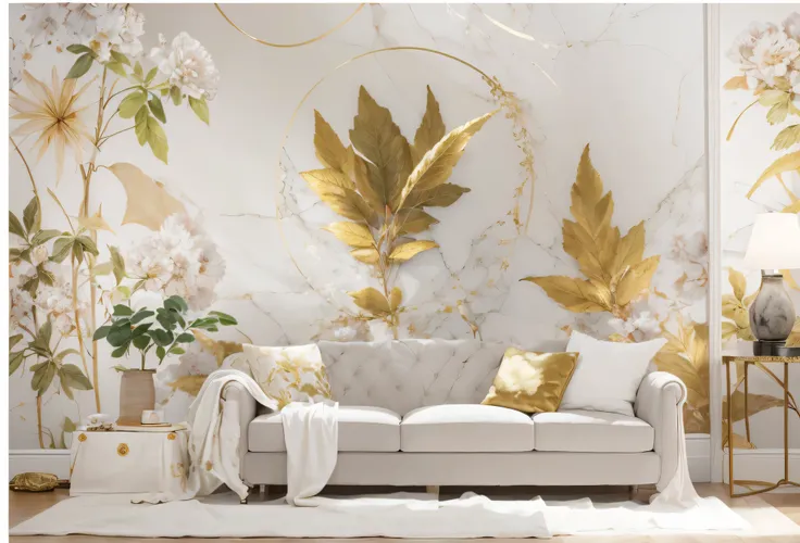 Image of Arafad in living room with sofa and mural, living room background墙, living room background, Engraved Marble Textured Silk Cloth, Very detailed background, gold leaf, wallpaper design, F 2 2, F22, wallpaper art, f 2 0, f 3 2, F32, 4k/8, high qualit...