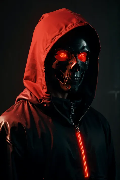 character, male, cyber punk, red neon, skull mask, hood