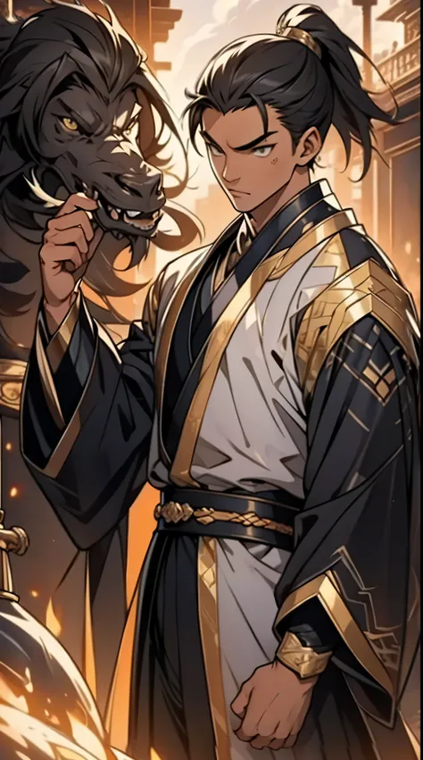 Two dimensions，anime style，one person（male warrior），proportions are correct，facial details，swordsman，high ponytail hairstyle，neck detail，Have an Adam&#39;s apple，Black and gold robe，joke，Black and gold robe，clothing details，Hand over，long sleeves，Game qual...