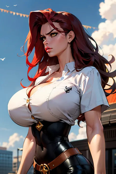 Girl with wavy red hair and rebellious, ((hair slicked back)), (angry eyes), ((dark circles around eyes)), golden eyes and tanned skin, Steampunk pirate style clothes, (gigantic breasts), background with clouds, realistic manhwa style.