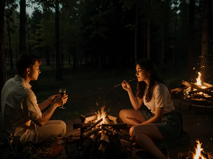 Dinner in the style of photorealism in the evening outdoors by the fire Ultra-detailed fairy-tale atmosphere, 8K resolution photography, translucent and ethereal.