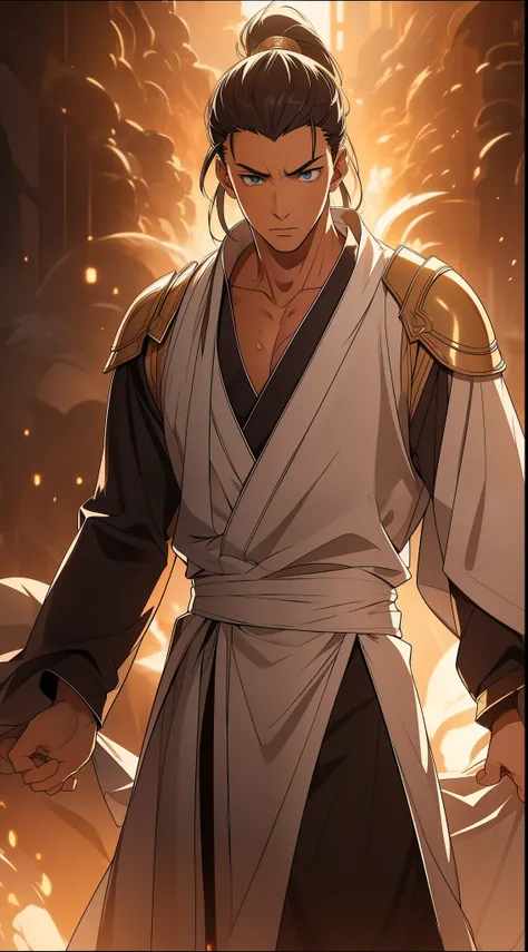 Two dimensions，anime style，one person（male warrior），proportions are correct，facial details，swordsman，high ponytail hairstyle，neck detail，Have an Adam&#39;s apple，white robe，joke，white robe，clothing details，transfer，long sleeves，Game quality，fencing，Ray tra...