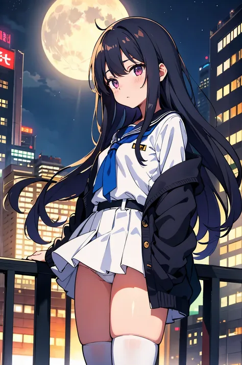 Shinjuku skyscraper district　full moon night　big moon　elementary school girl　8-year-old　flat chest　black hair　long hair　eyes are purple　（（1 person））　Cardigan on top of white long-sleeved sailor uniform　Lower body navy blue miniskirt　white panties　white soc...