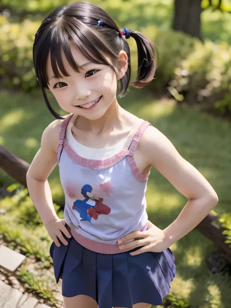 A very elementary school student is wearing Supergirl clotheasterpiece、Highest品質、Spreading black hair、bob cut with trimmed ends、(flat chest)、lolicon、Highest、Very short blue skirt、red cloak、Plum blossoms have bloomed、stand with hands on hips、smile