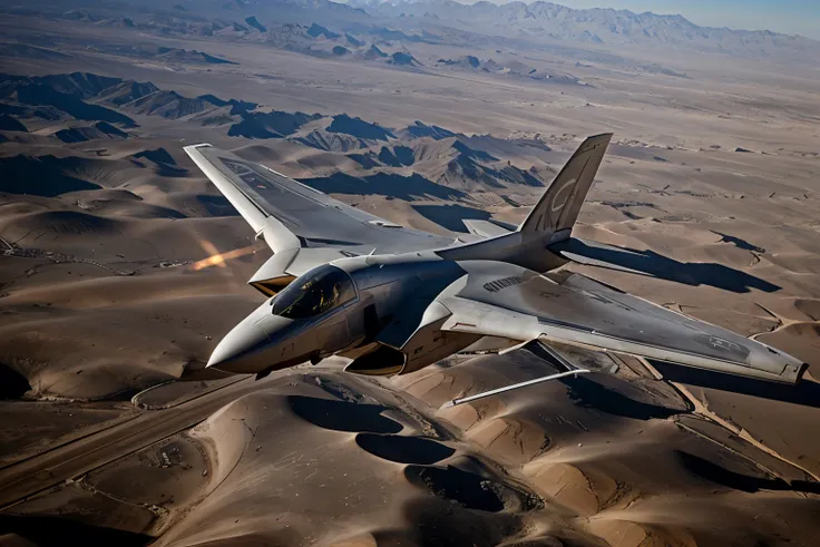 a shiny plane flying over the desert at the speed of sound