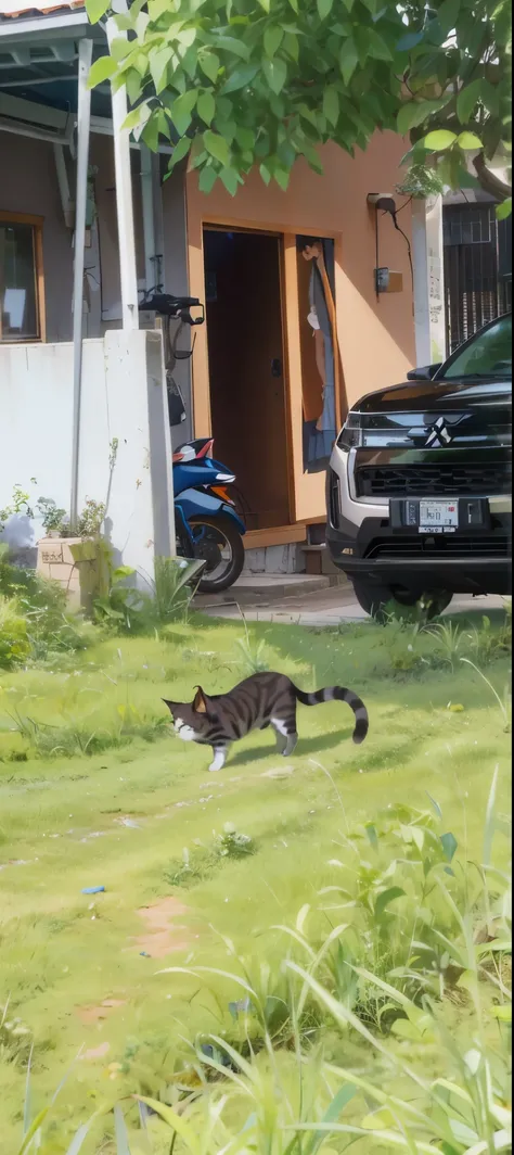 Masterpiece, 1cat, anime, cat-car-and-nature-house, there is a cat that is walking in the grass, a car (mitsubishi xpander), taken with sony alpha 9, in front of the house, motocycle in house garage, the cat is walking, a cat, captured with sony a3 camera,...