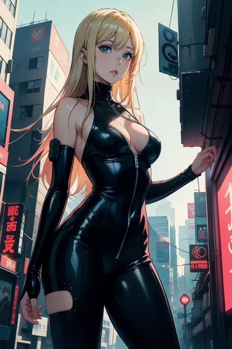 
best quality, anime girl in a black bodysuit stands on a city street, seductive anime girl, cyberpunk , Anime style 4k, cyberpunk digital anime art, blonde anime girl with long hair, cyberpunk anime girl, Anime style. 8k, modern cyberpunk anime, best anim...