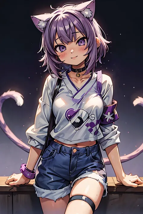 ((Nekomata okayu)), ((Masterpiece)), (Anime:1.5), ((best quality)), (Professional Photography:1.3), (High Definition), (RAW photo:1.2), cat ears, 1girl, solo, (Glossy lips), innocent smile, idol posing, denim shorts, choker, paint splatter, (audio spectrum...