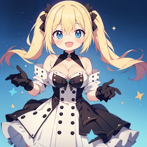 rating:safe, 1girl, blonde_hair, breasts, solo, blue_eyes, open_mouth, gloves, long_hair, looking_at_viewer, blush, smile, bare_shoulders, cleavage, dress, gradient, medium_breasts, blue_background, twintails, gradient_background, elbow_gloves, black_glove...