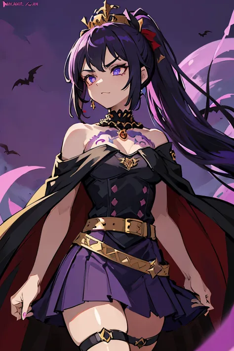 vampire queen, small breast, battle skirt, (royal cape:1.1), black and purple color, sexy and devil aura, original character, masterpieces, seducing purple pupil, (multicolor high pony tail 1:1.2), purple gem accessories, golden belt, golden necklace, wind...