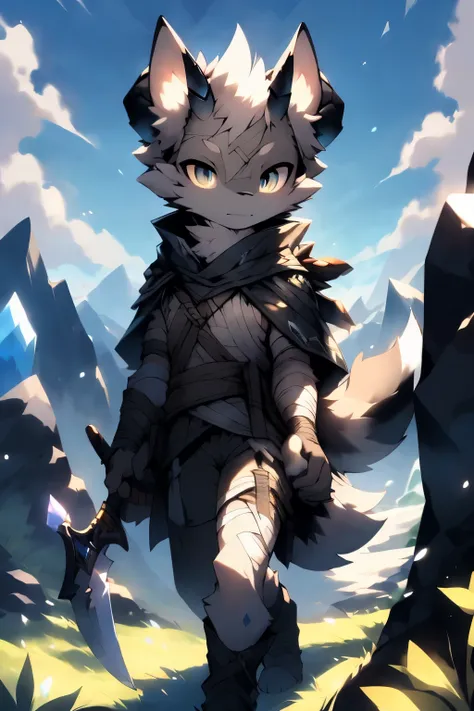 gray fox,cute,dagger,crystal-like short horn,cloak,confident,daytime,meadow,snowy mountains,sky,unique patterns,accessory at waist,bandages and golden patterns on the scabbard,black cloak,walking towards the snowy mountains)