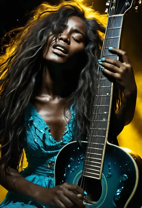 tears of heaven falling on super long haired messy black girl playing guitar. close-up, low angle, dynamic composition and drama...