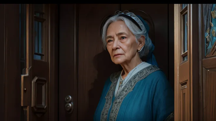 A cinematic shot of an old woman standing at the door of her home, several reporters asking her questions close midshot, high detail, 8k, photorealistic, rule of thirds depth of field intricate details, concept art, vivid colors, detailed design, attention...