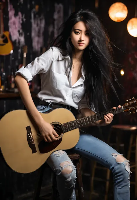 A beautiful girl plays the guitar crazily，Messy extra long black hair，White shirt，jeans，sit on a high stool，（There is a stick of incense between the strings），Background night bar