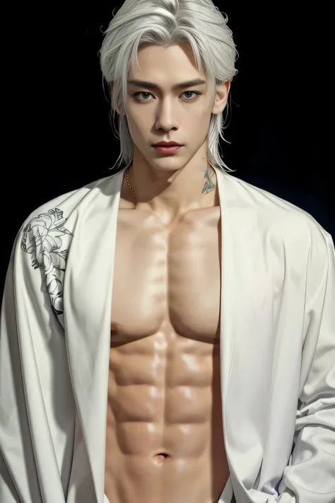 masterpiece, best quality, handsome Asian 30 year old, fair skin male, white hair, perfect face, chest abs, slender, masculine, tattoos, white clothes