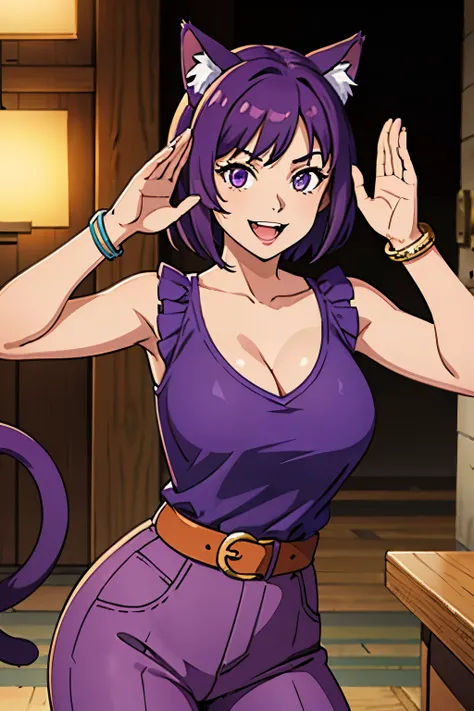 masterpiece, best quality, miria, cat ears, short hair, cleavage, purple shirt, sleeveless, sash, bracelet, purple pants, cat tail, cowboy shot, large breasts, looking at viewer, salute, smile, :D, fangs, village, autumn