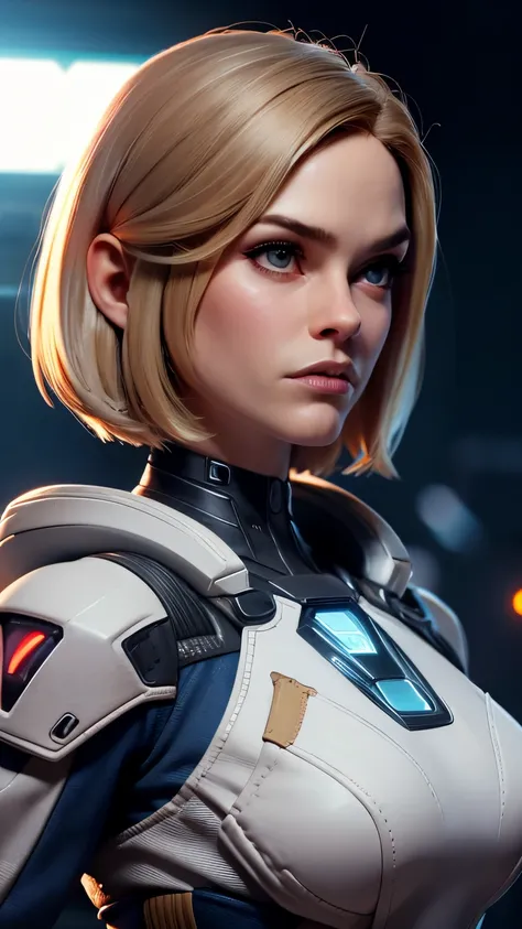 photo of Alice Eve, RAW, beautiful woman, ((portrait)), ((detailed face:1.2)), ((detailed facial feature, detailed skin, clear skin), (perfect proportioned body), (short bob cut hair), (wearing dark futuristic mass effect n7 armor), holding a large rifle, ...