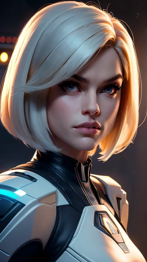 photo of Alice Eve, RAW, beautiful woman, ((portrait)), ((detailed face:1.2)), ((detailed facial feature, detailed skin, clear skin), (perfect proportioned body), (short bob cut hair), (wearing dark futuristic mass effect n7 armor), holding a large rifle, ...