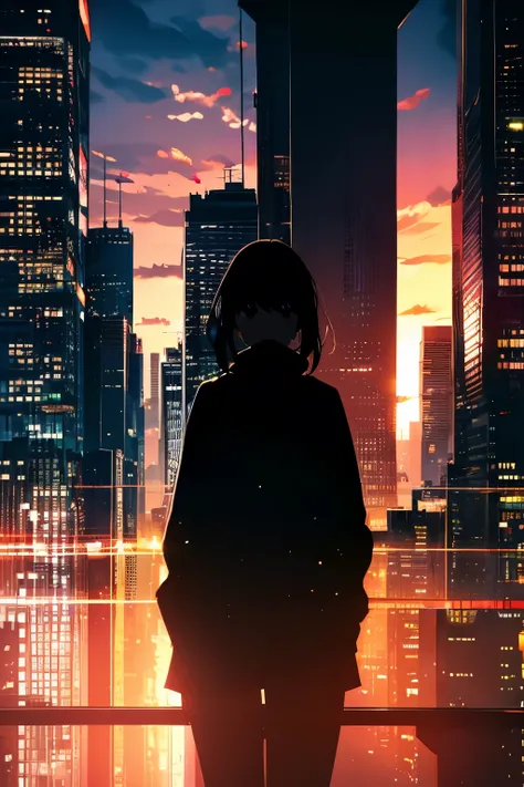 anime, (silhouette),1 girl, star (null), cloud, cityscape, building, city, outdoors, nullscraper, city lights, night, night null, sunset, nullline