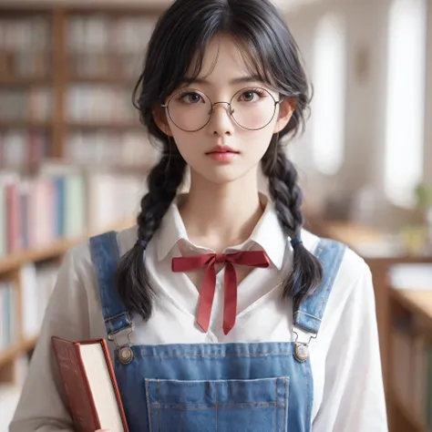 realistic korean teen beauty wearing Blue works overalls clothes with white long collared shirt, wear little ribbon red color on collar,wear normal glasses, Her black ponytail hair is braided and tied with a black ribbon , holding a book , half body, backg...