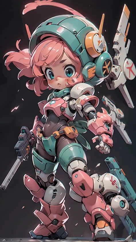 bj_cute_mech,1girl,solo,blush,blue_eyes,holding,closed_mouth,standing,full_body,weapon,pink_hair,chibi,holding_weapon,armor,aqua...