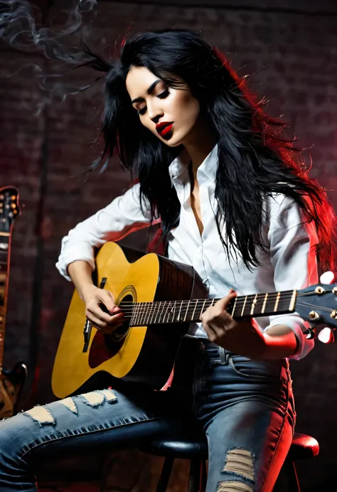 A beautiful girl plays the guitar crazily，Messy extra long black hair，White shirt，jeans，red lips，sit on a high stool，fender guitar，Dynamic Guitar Playing Actions，（There is a stick of incense between the strings：0.65），Background night bar