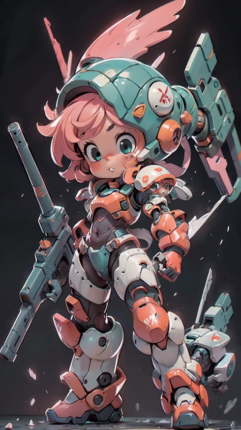 bj_cute_mech,1girl,solo,blush,blue_eyes,holding,closed_mouth,standing,full_body,weapon,pink_hair,chibi,holding_weapon,armor,aqua...