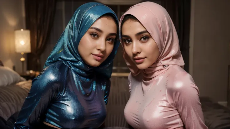 ultra-detailed,hijab girls,beautiful detailed eyes,beautiful detailed lips,extremely detailed eyes and face,longeyelashes,2girls,teasing each other,with seductive smiles,next to each other, in tight clothes,in a simple room,highres,photorealistic,portrait,...