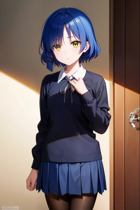 ryouyamada, ryou yamada, blue hair, eyes visible through hair, mole, mole under eye, short hair, (yellow eyes:1.5), hairclips,
BREAK black pantyhose, black ribbon, blue skirt, brown footwear, loafers, long sleeves, pantyhose, ribbon, school uniform, shimok...