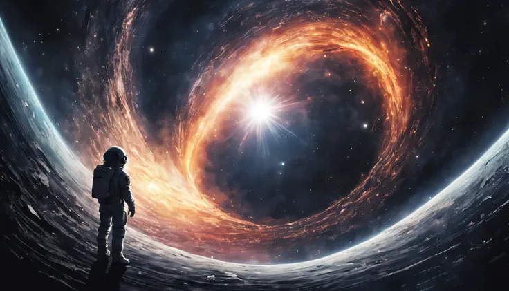 Anime Illustrations, astronaut looking at a black hole, anime style, key visual, Bright, anime studio, very detailed, mysterious image, magic,fantasy, space, dark,