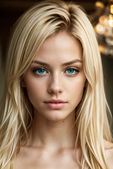 highest quality, masterpiece, 8k, photorealistic, (editorial photo of blonde 21-year-old woman), (highly detailed face), (emeral...