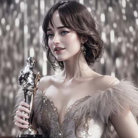 "Dakota Johnson, an iconic figure in the film industry, radiates elegance and grace as she receives the coveted Oscar award. His eyes shine with excitement as he holds the golden figurine., maximum symbol of recognition in the seventh art. Vestida em um de...