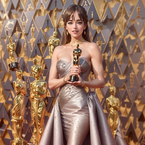 "Dakota Johnson, an iconic figure in the film industry, radiates elegance and grace as she receives the coveted Oscar award. His eyes shine with excitement as he holds the golden figurine, maximum symbol of recognition in the seventh art. Vestida em um des...