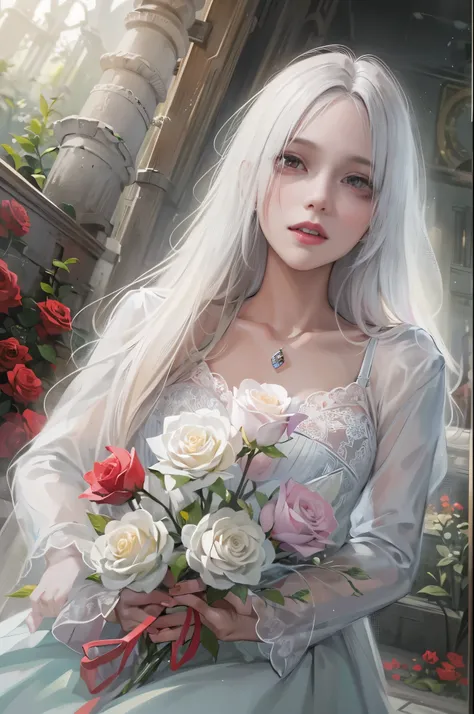 1 girl, Absurd Masterpiece HDR High Quality Portraits，a beautiful girl，white long straight hair，Red eyes，Wearing detailed white dress，holding a white rose