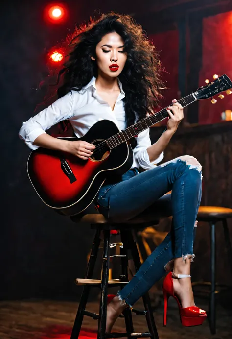 A beautiful Asian girl plays the guitar crazily，Messy extra long black curly hair，beautiful red lips，Premium white shirt，skinny jeans，beautiful red high heels，sit on a high stool，fender guitar，dynamic action，（There is a stick of incense between the strings...