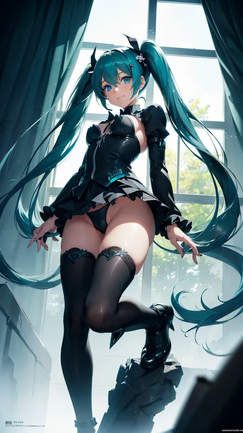 Super detailed, (NSFW), masterpiece, High resolution, perfect lighting, (((1 girl, perfect anatomy, five fingers, perfect style))), hatsune miku, big light blue eyes, blue-green long hair, smile, (((twin tails))), big square hair accessories, (((Black Rock...