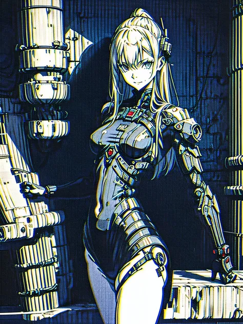 by xenotrip, monochrome, greyscale, blood, cable, science fiction, cyberpunk, chromatic aberration, indoors, detailed background, night, 1girl, beautiful, solo, bare shoulders, smiling, sitting, Seductive, from the side