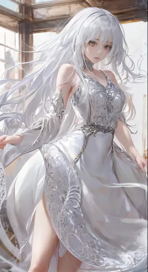 "((1 girl), (long white hair + silver hair: 1.2), ( + beautiful clothes), Beautiful and perfect, white dress, pixiv goddess, ), (Dynamic pose on the table), (Lovely), (Unknown background), high resolution, see the whole body, face perspective, close perspe...