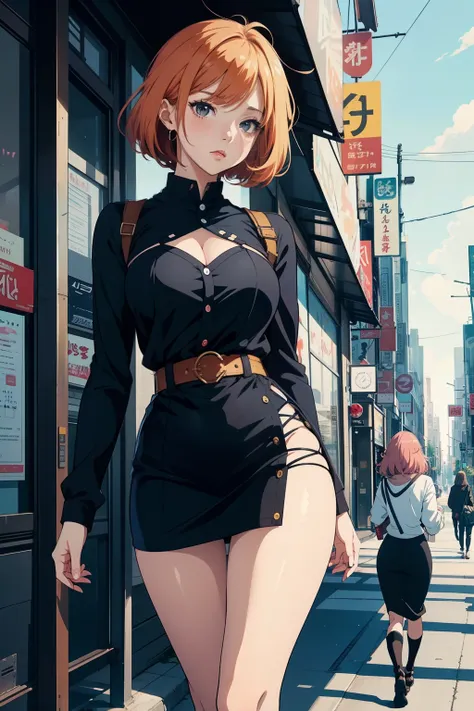 
best quality, anime girl in black long sleeve mini dress stands on a city street, seductive anime girl, , anime style digital anime art, ginger anime girl with bob hair, anime girl, anime style. 8k, modern anime, best anime konachan, smooth anime cg art, ...