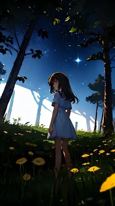 a girl looking at the moon in a white dress in the middle of the forest