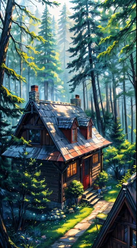 painting of a cabin in the woods with a red door, cottage in the forest, detailed painting 4 k, cottage in the woods, detailed 4 k painting, roofed forest, highly detailed 4 k painting, house in forest, the house in the forest, nestled in a forest, the sma...