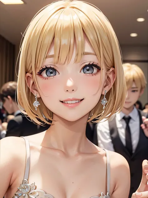 close up of face、blonde、short hair、girl１、stretch both hands forward、smile、prom dress