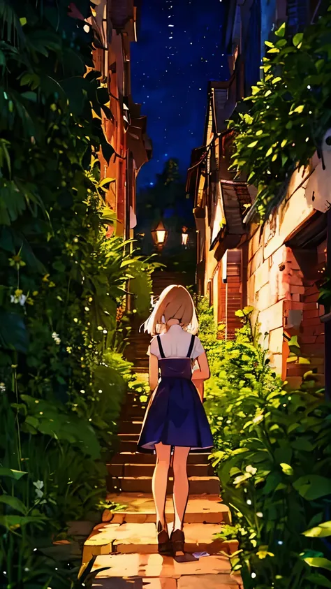 a girl looking at the moon in a white dress in the middle of the forest