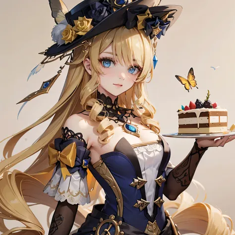 The girl has beautifully detailed eyes and a kind smile on her face... The girl holds a plate with cake in her hand..........butterflies fly on a beige background, many yellow flowers in steampunk style .... The work must be of the highest quality.., be a...