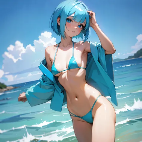 girl,light blue hair,bob,micro bikini.sexy