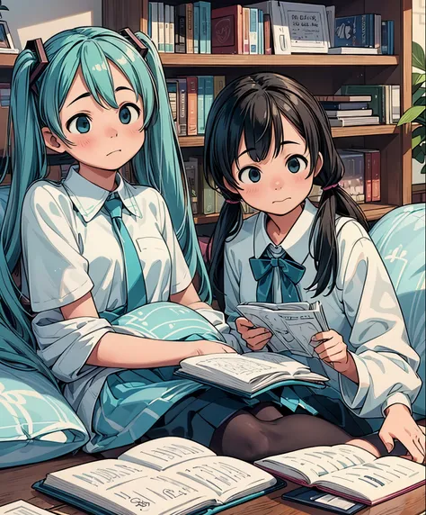 (masterpiece、highest quality、highest quality、official art、beautiful beautiful:1.2)、(1 girl:1.3)Hatsune Miku、twin tails,library、I read a book、beautiful breasts、Large bookshelf