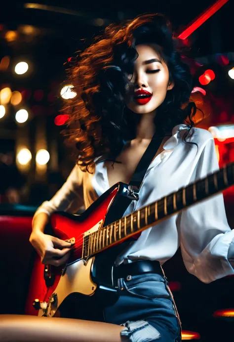 a beautiful asian girl plays the guitar crazily, messy extra long black curly hair, beautiful red lips, high end white shirt, sk...