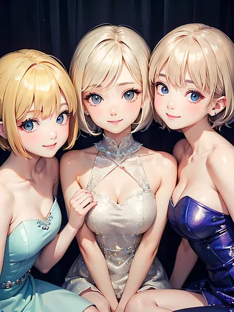 close up of face、sit、blonde、short hair、girl１、smile、prom dress